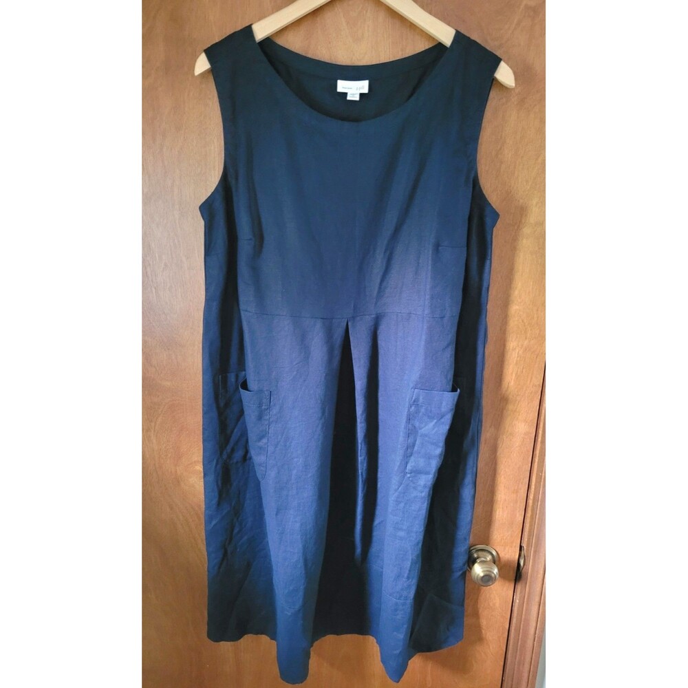 J Jill Love Linen Navy Blue Midi Dress 1X Sleeveless Pockets Minimalist Coastal